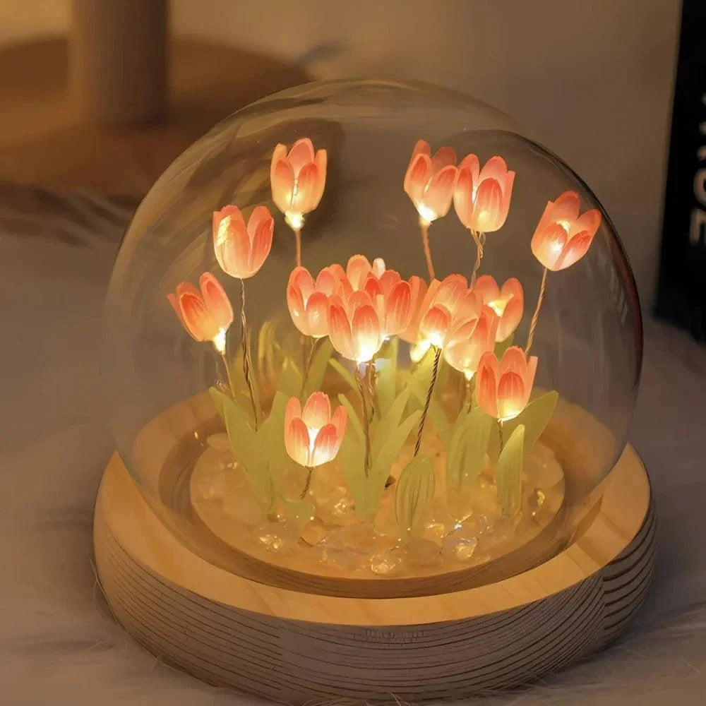 Pink tulip glass dome night light close-up