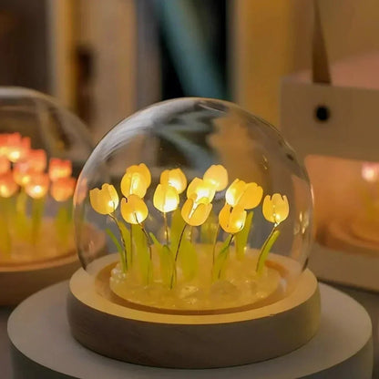 Yellow tulip dome light with a wood base