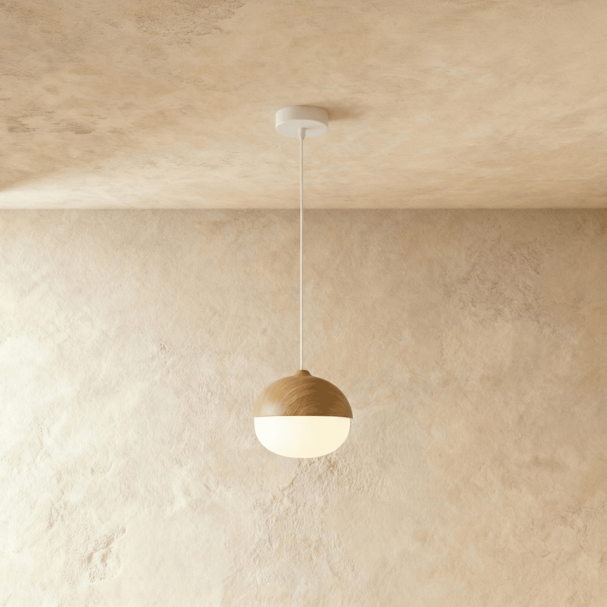 Two-tone globe pendant with wood-tone upper shade and white glass diffuser