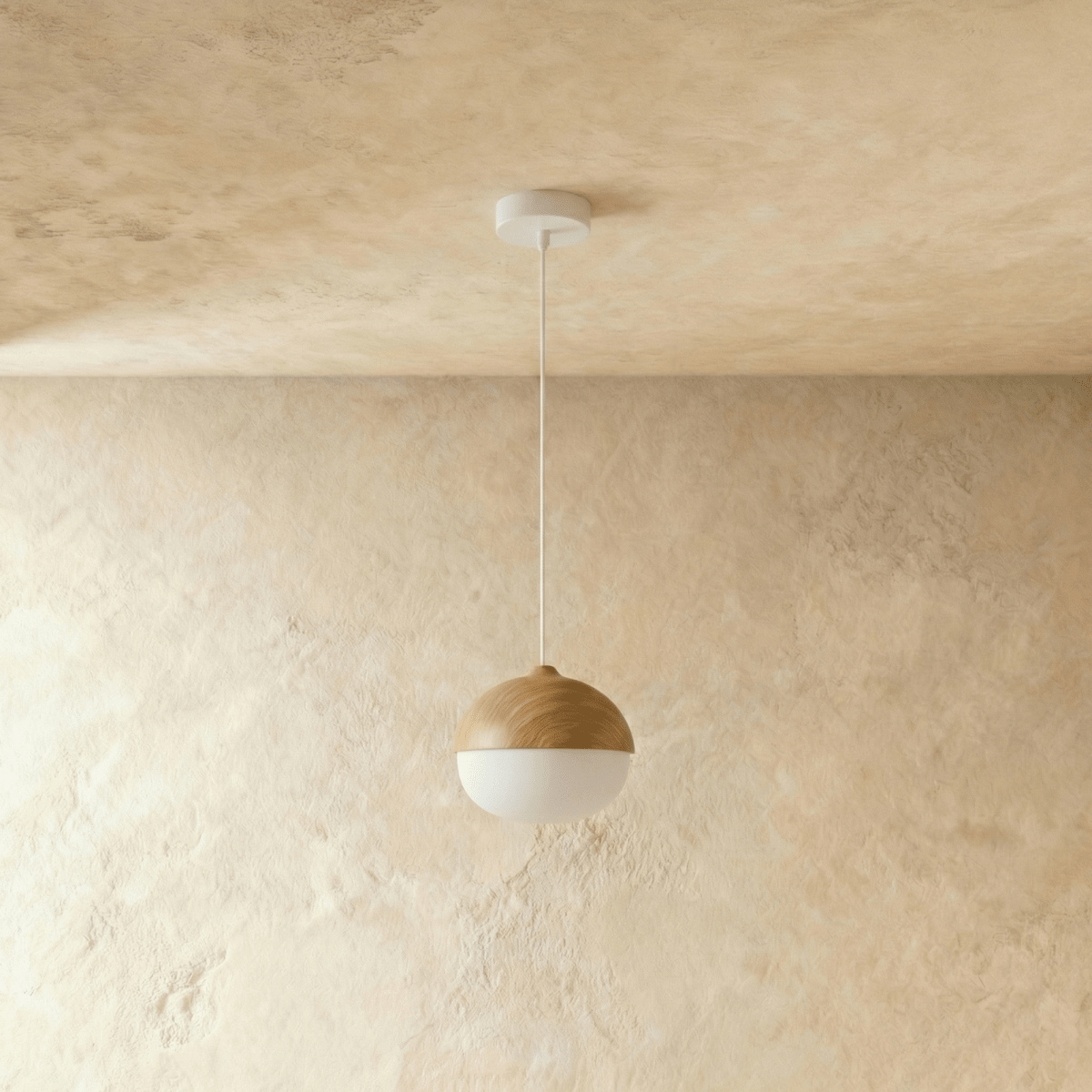 White glass globe diffuser beneath a textured wood-tone shade