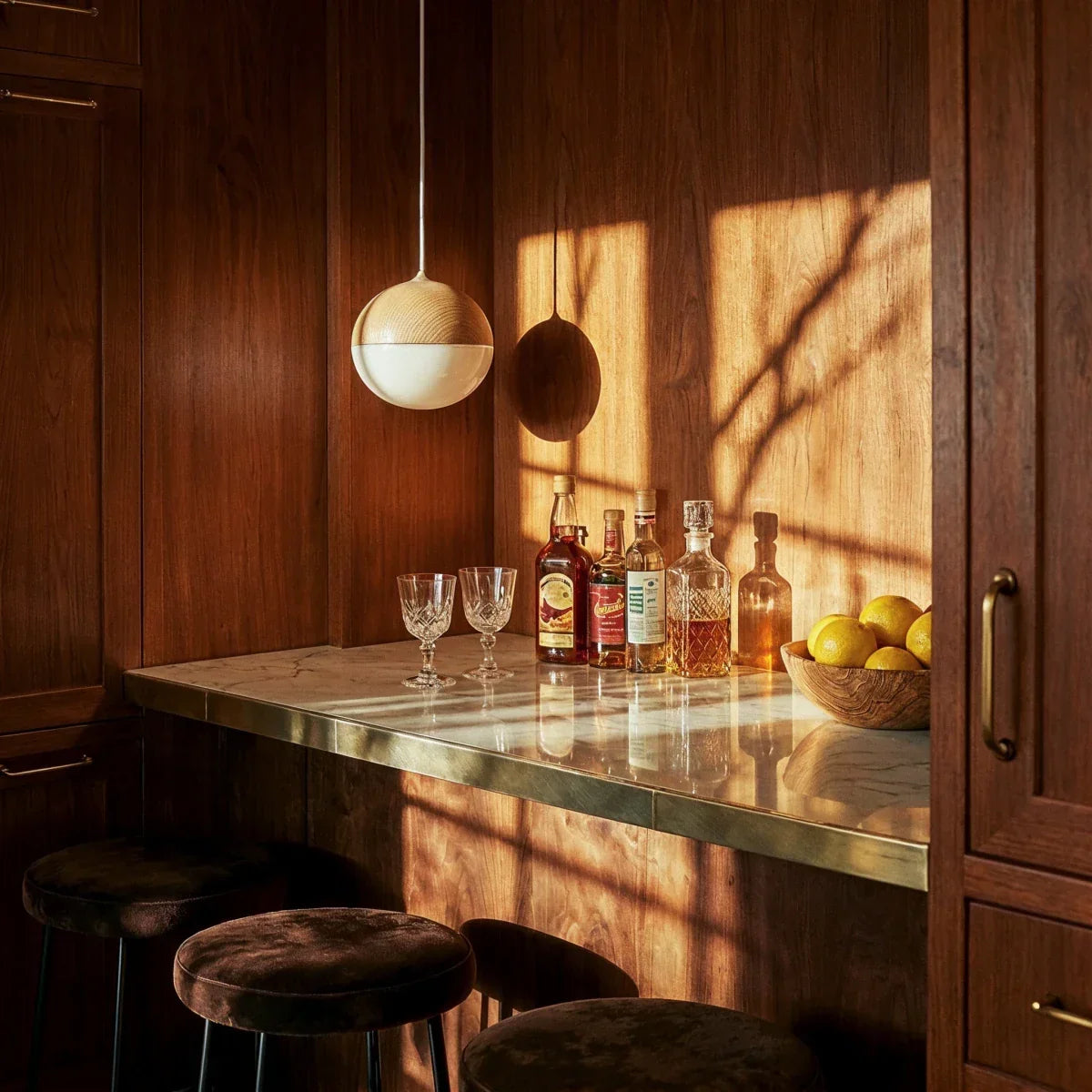 Two-tone globe pendant above a bar counter in a timber-panelled room
