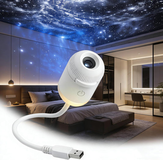 White USB galaxy projector with flexible neck casting a galaxy scene across a bedroom ceiling