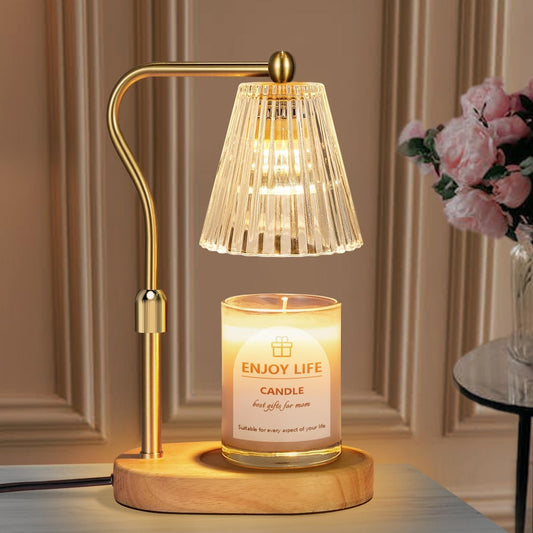 Vintage glass candle warmer lamp with a gold adjustable arm and natural wood base