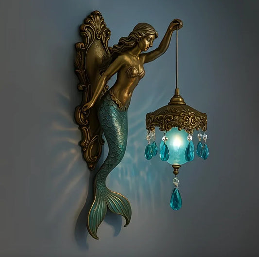 Vintage mermaid wall lamp with glowing teal crystal lantern