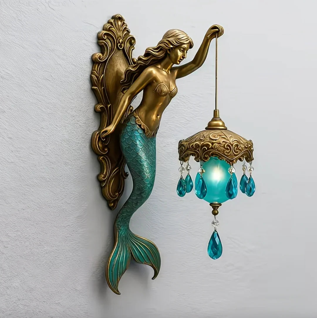 Bronze mermaid wall lamp and teal crystal drops