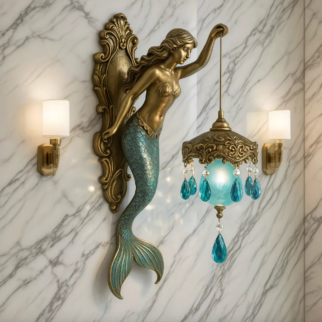 Mermaid lantern wall lamp mounted on marble