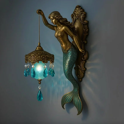 Illuminated mermaid wall lamp with antique bronze finish