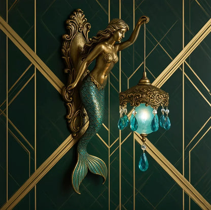 Mermaid wall lamp on a green decorative wall