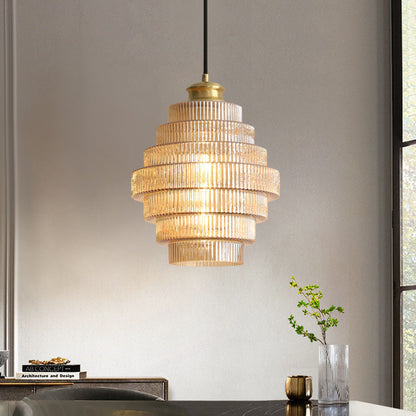 Amber tiered ribbed glass pendant light