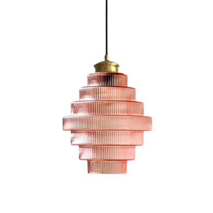 Pink tiered glass pendant on white background