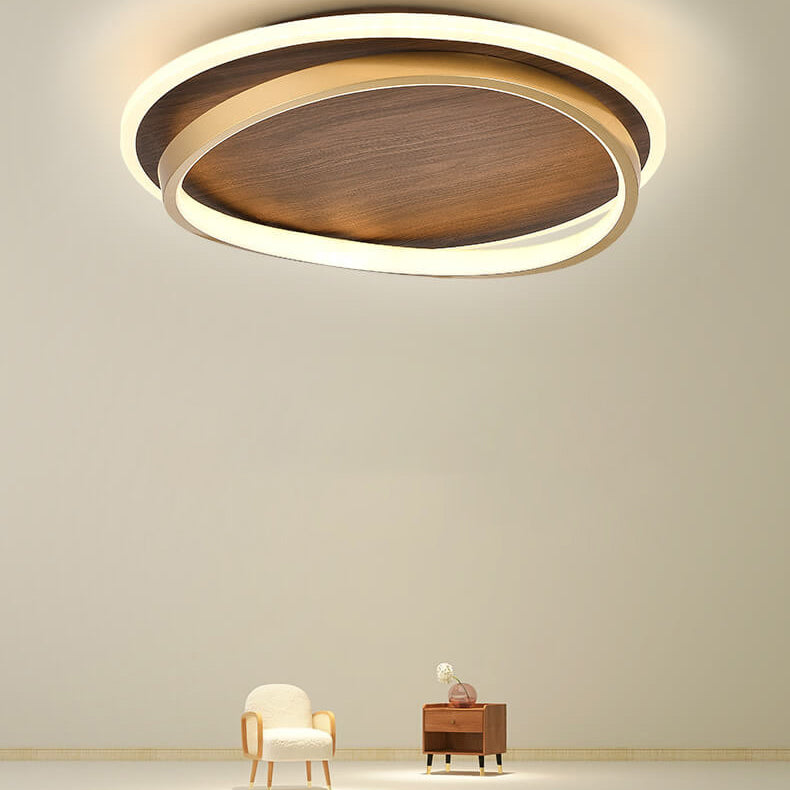 Walnut-finish LED ceiling light with gold frame and illuminated rings