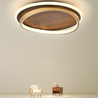 Walnut-finish LED ceiling light with gold frame and illuminated rings
