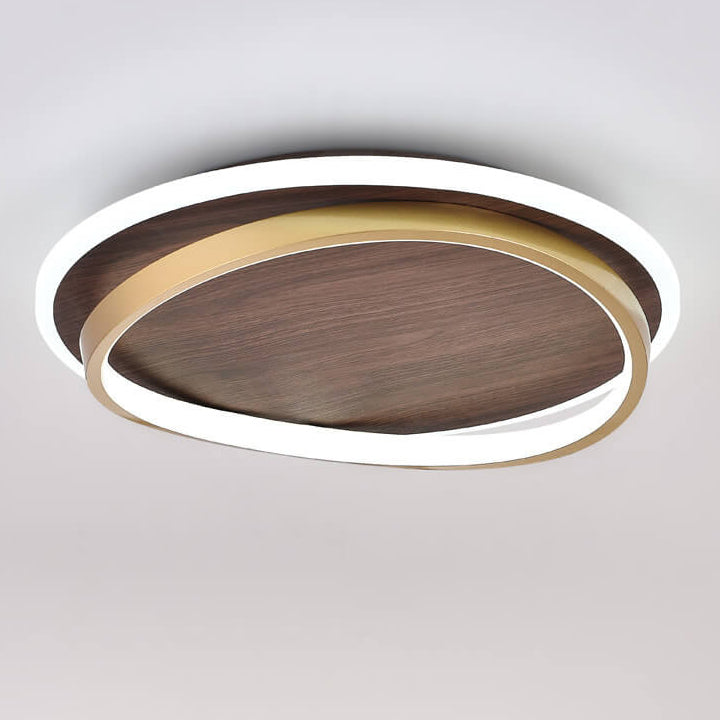 Walnut-finish ceiling light illuminated in cool white