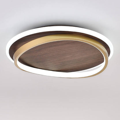 Walnut-finish ceiling light illuminated in cool white