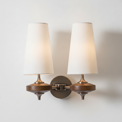 Walnut Wall Sconce with Tapered Fabric Shade