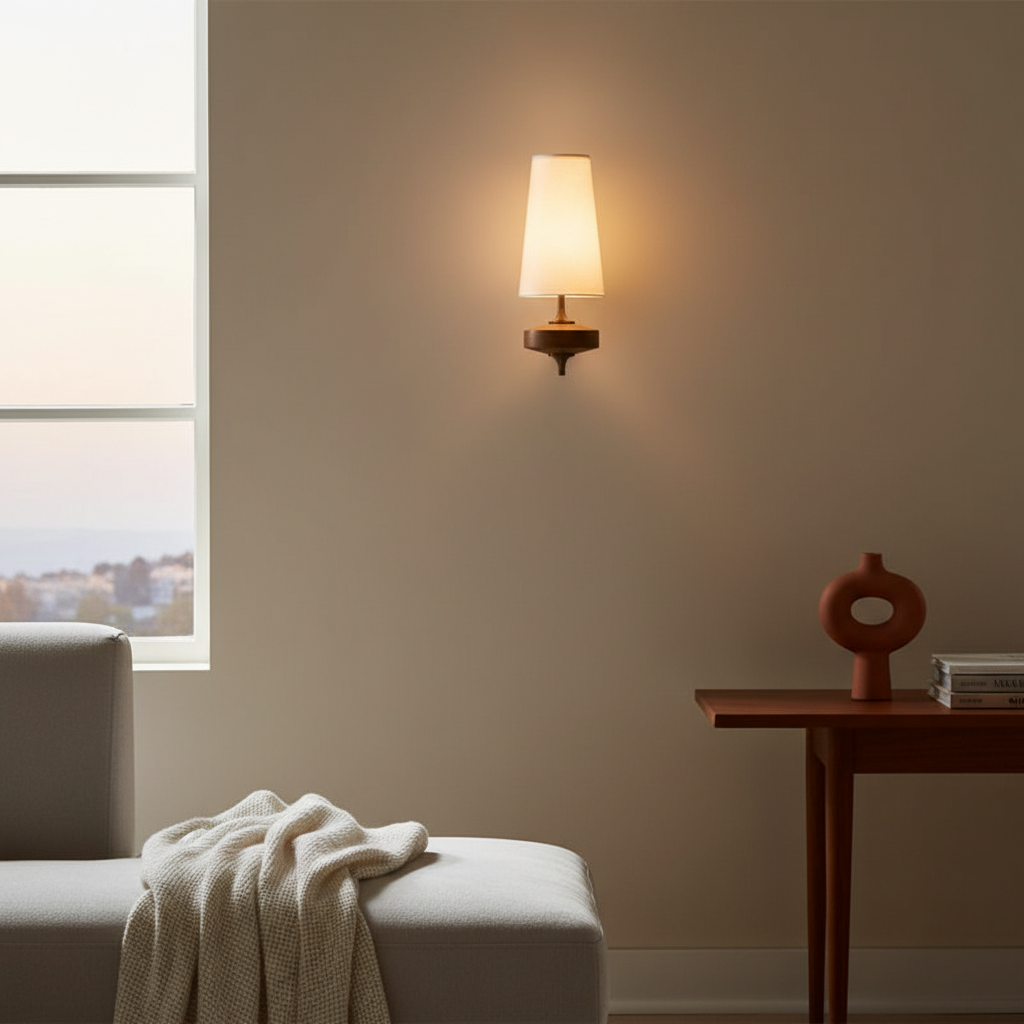 Walnut Wall Sconce with Tapered Fabric Shade