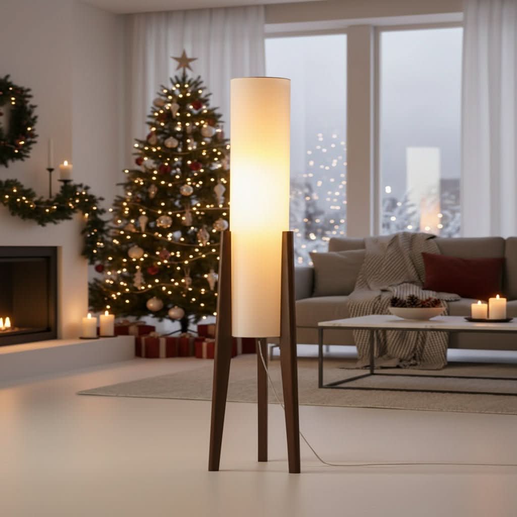 Walnut wood floor lamp with cylindrical fabric shade