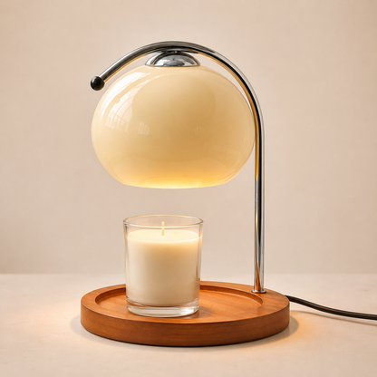 White glass candle warmer lamp with solid wood base