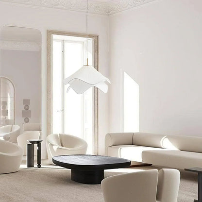 White fabric pendant in a bright living room