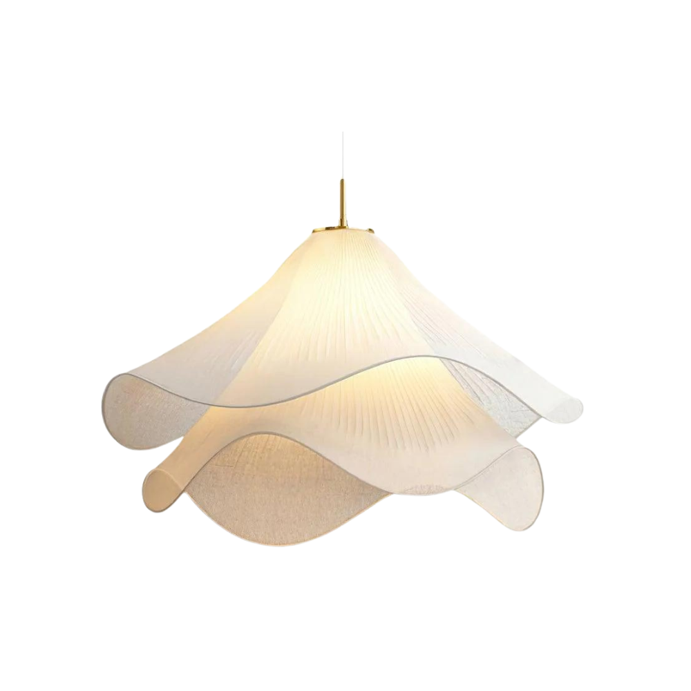 Illuminated white wavy fabric pendant against a dark background