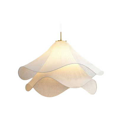 Illuminated white wavy fabric pendant against a dark background