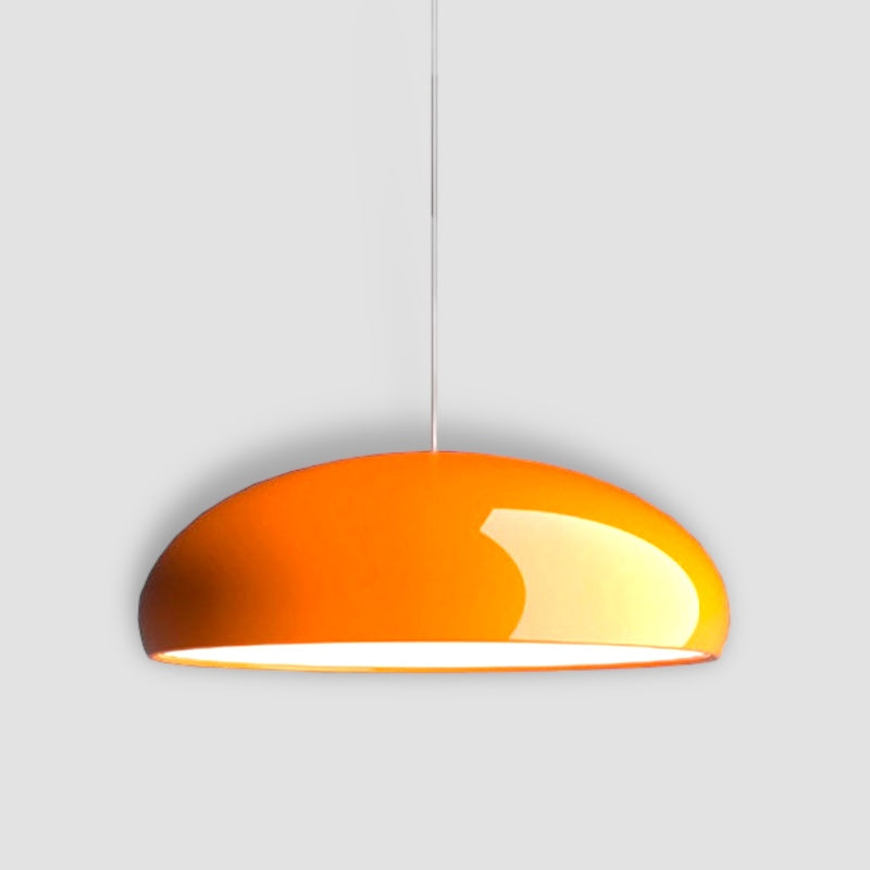 Orange wide dome pendant viewed close up