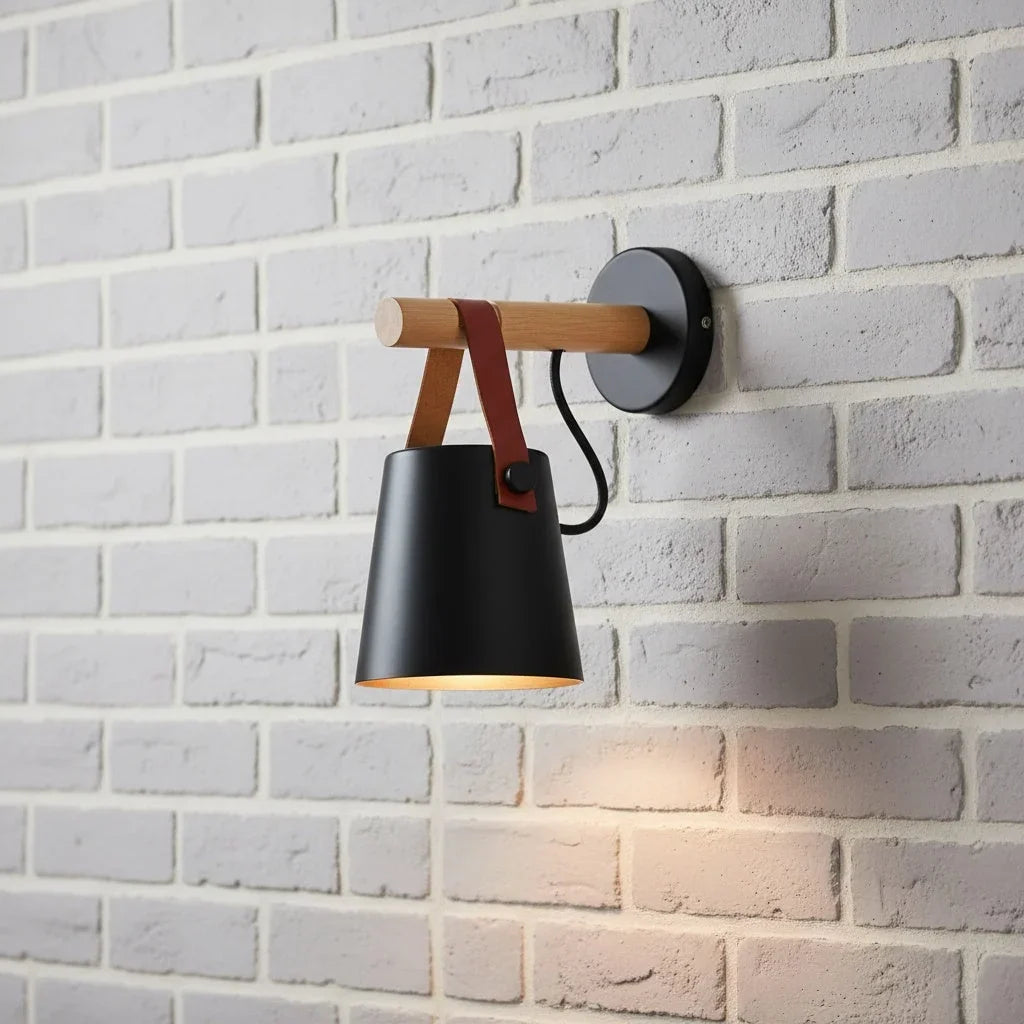 Wood and Leather Strap Wall Light