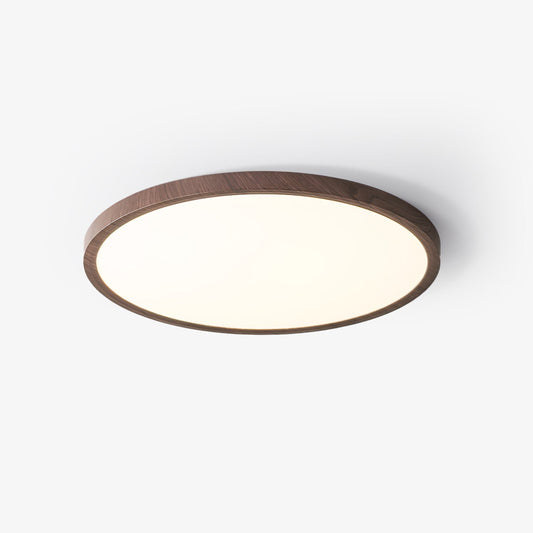 Wood-effect round acrylic flush ceiling light illuminated