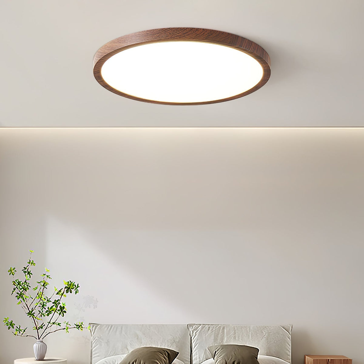 Wood-effect ceiling light above a living room