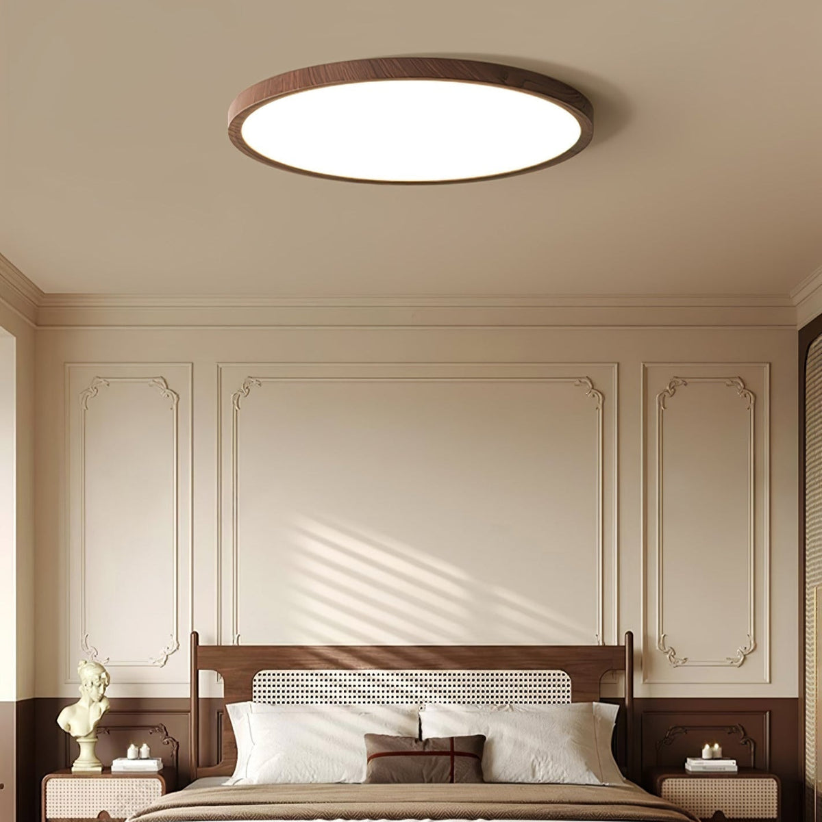 Wood-effect flush ceiling light above a bed