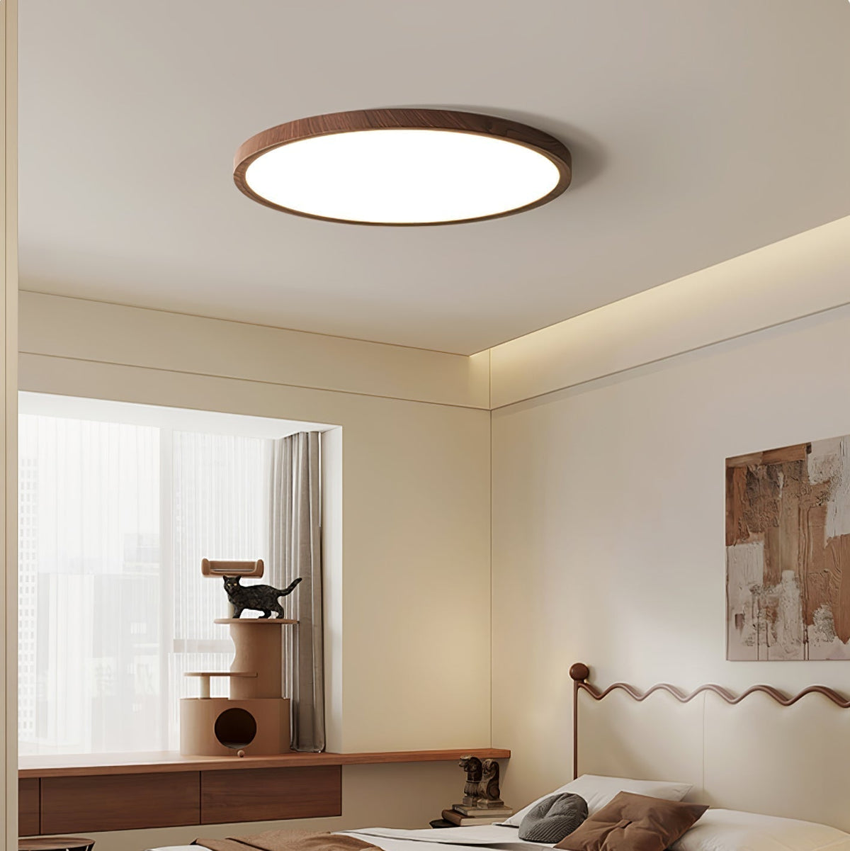 Wood-effect round ceiling light in a bedroom