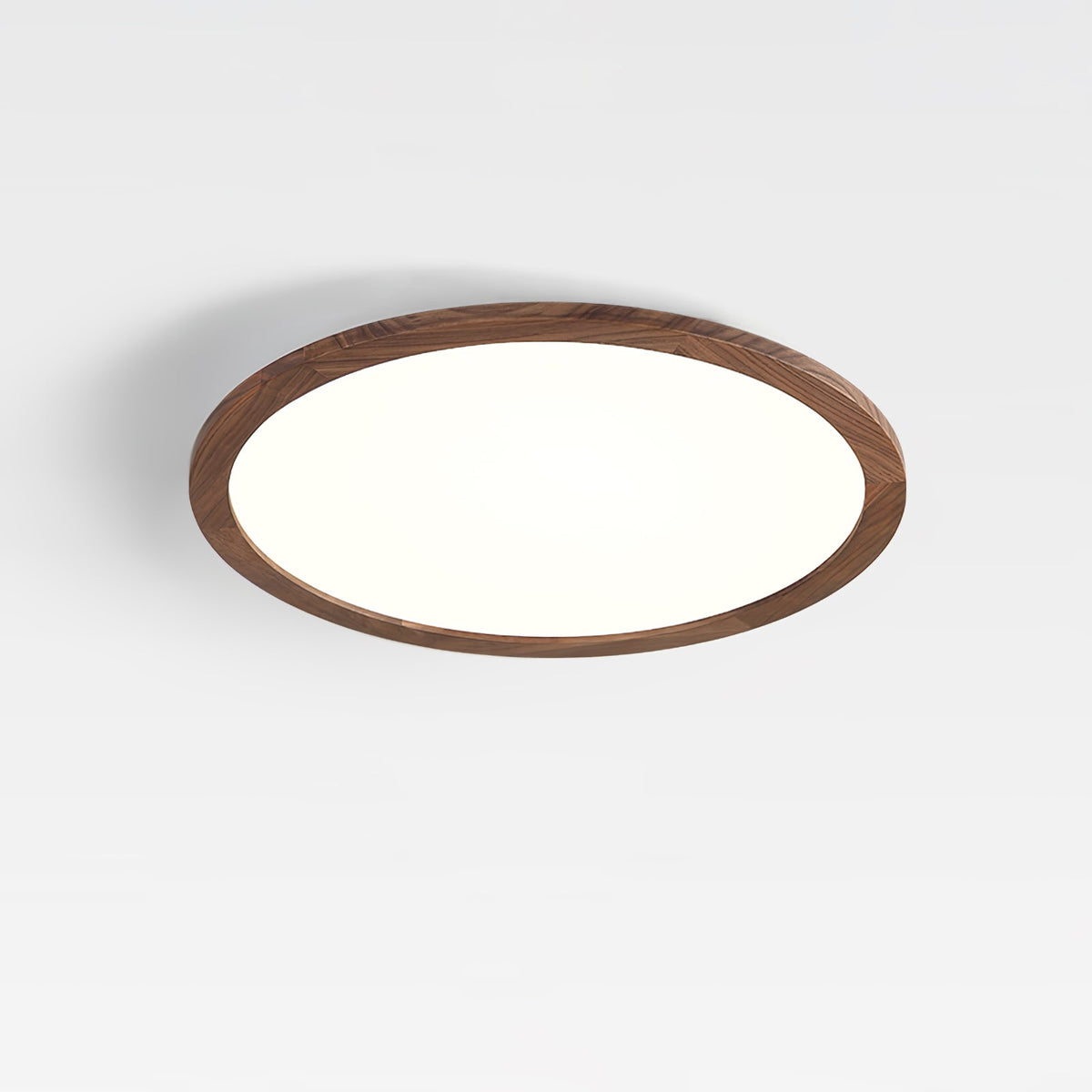 Wood-effect round acrylic flush ceiling light showing the rim and diffuser