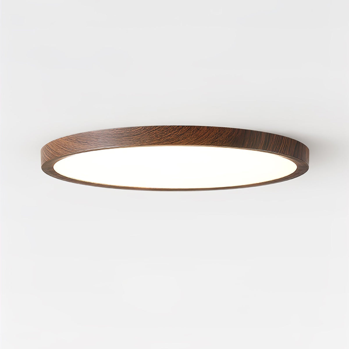 Wood-effect round acrylic flush ceiling light showing the rim and diffuser