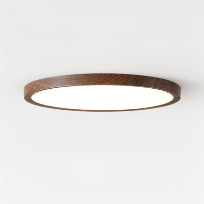 Wood-effect round acrylic flush ceiling light showing the rim and diffuser