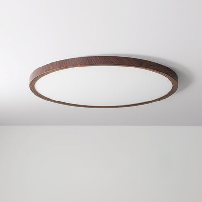Wood-effect round acrylic flush ceiling light showing the rim and diffuser