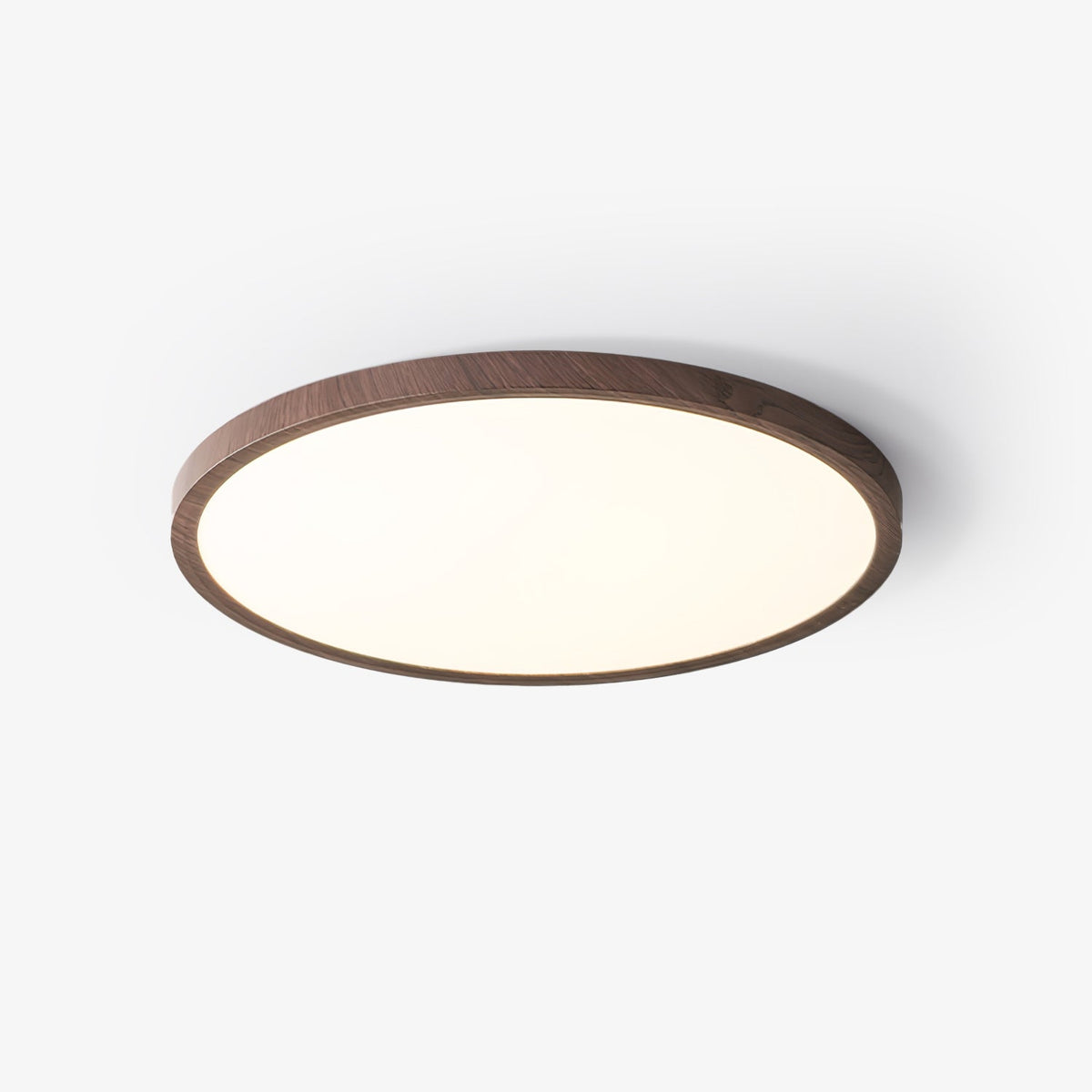 Wood-effect round acrylic flush ceiling light showing the rim and diffuser