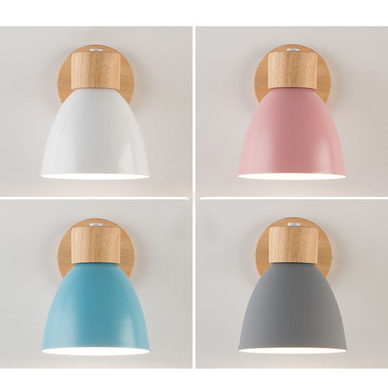 Compact wood and iron wall light with cone shade