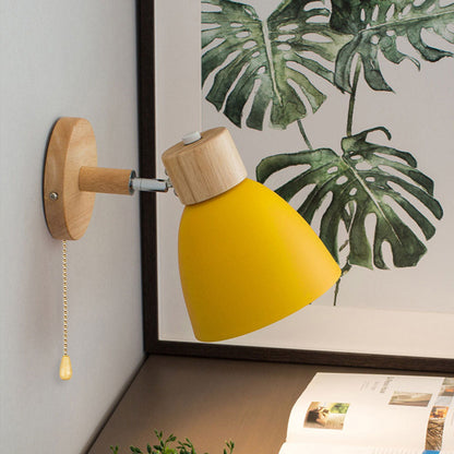 Modern wall light with wood accent and iron cone shade