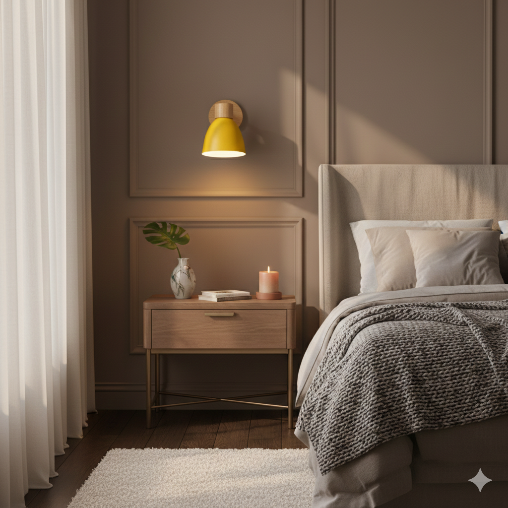 Modern wood and iron cone wall sconce in an interior setting