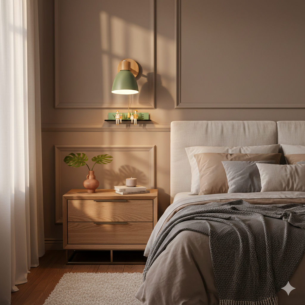 Cone wall sconce with wood accent in a room setting