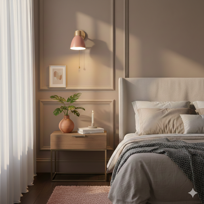 Wooden wall sconce with cone shade in a modern interior