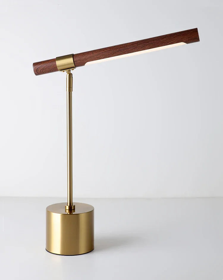 Wood LED table lamp with metallic base and upright stem