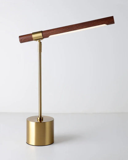 Wood LED table lamp with metallic base and upright stem
