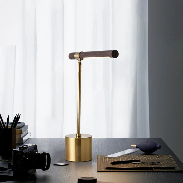 Modern wood LED table lamp on a home office desk