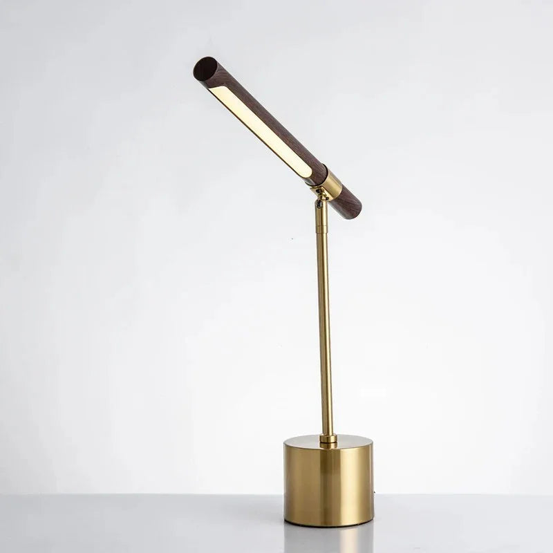 Wood LED table lamp with angled light bar