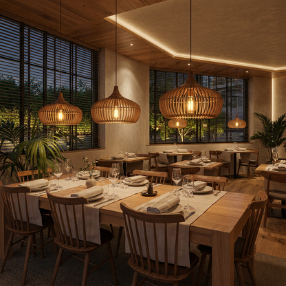 Wood pendant light with slatted shade