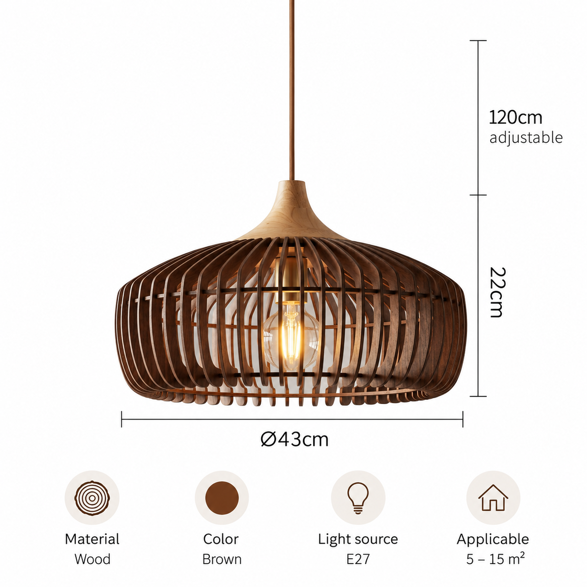 Wood pendant light with slatted shade