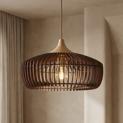 Walnut wood pendant light with slatted shade