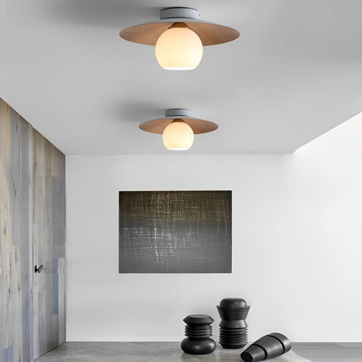 Wood-Tone Iron Semi-Flush Ceiling Light