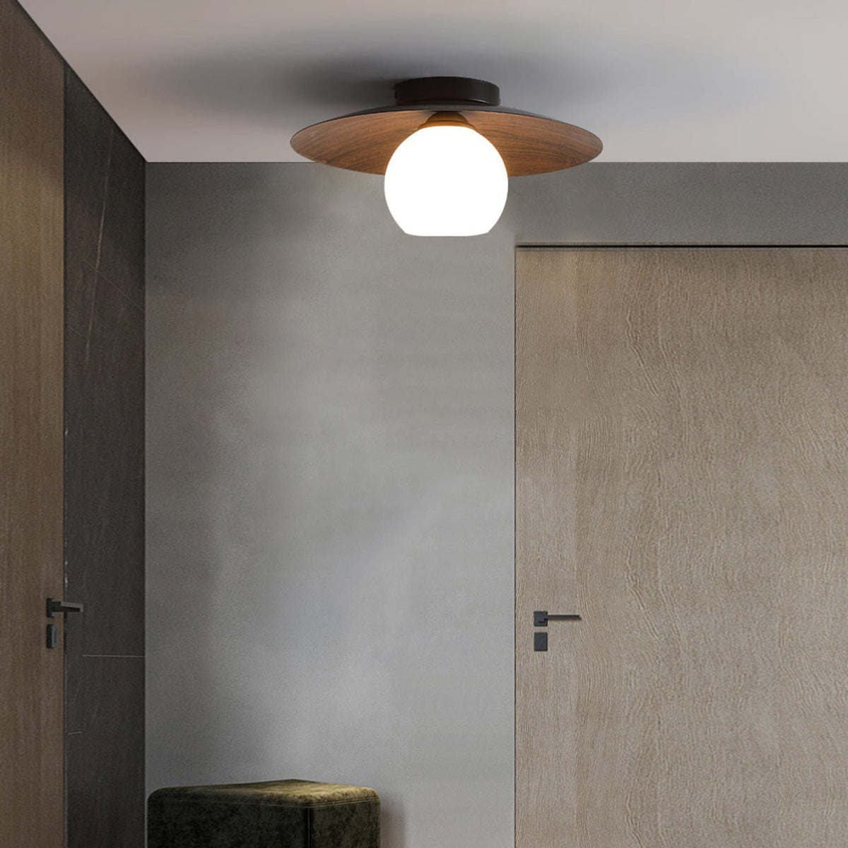 Wood-Tone Iron Semi-Flush Ceiling Light